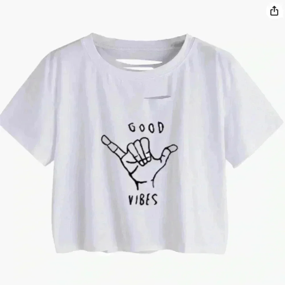 Women's Short Sleeve Graphic Print Distressed Ripped Crop Top T Shirt XL